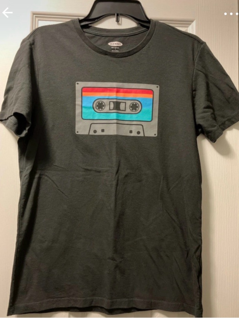 Old Navy Black Short Sleeve Tee with Colorful Retro Cassette Graphic